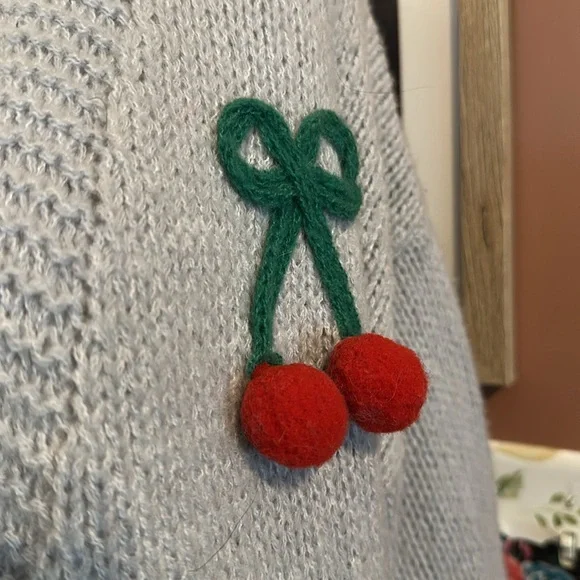 Anthropologie Luna Ivy 3D cherry oversized open front light blue S cardigan - Picture 3 of 10